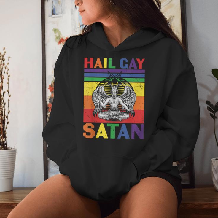 Retro Lgbt Rainbow Flag Hail Gay Satan Lgbt Goth Gay Pride Women Hoodie Gifts for Her