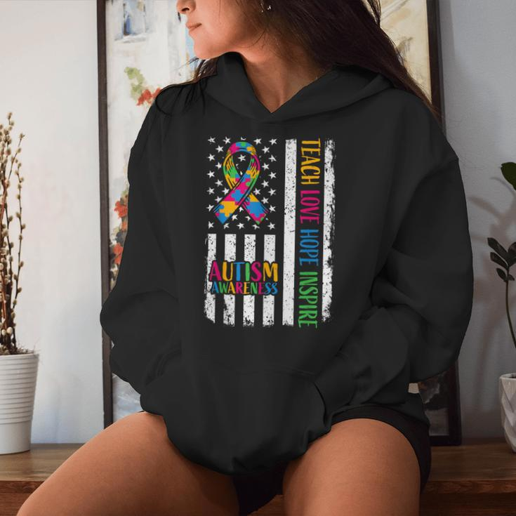 Ribbon Mom Dad American Flag Autism Women Hoodie Gifts for Her