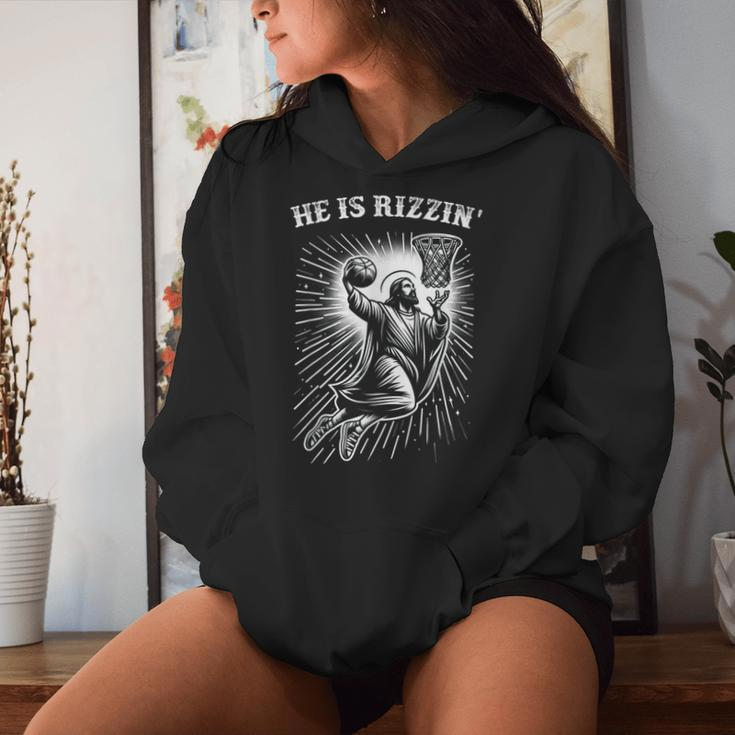 He Is Rizzin' Risen Jesus Christian Playing Basketball Women Hoodie Gifts for Her
