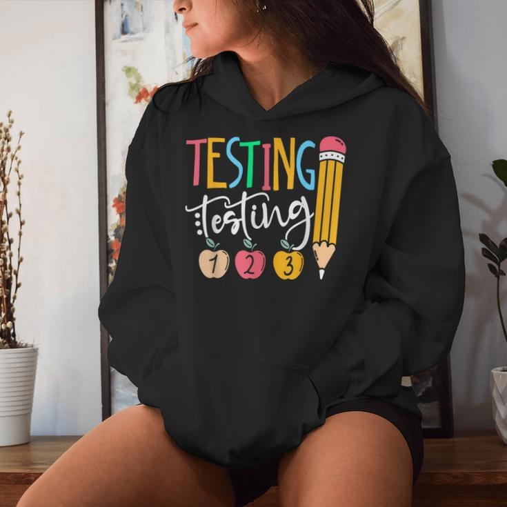 Testing Testing 123 Cute Rock The Test Day Teacher Student Women Hoodie Gifts for Her