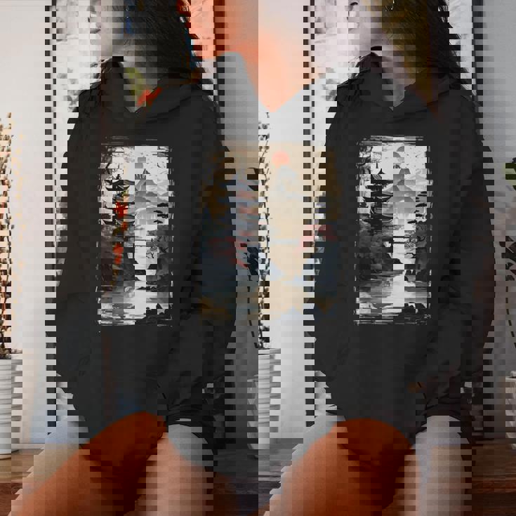 Vintage Japanese Flower Mountain View Landscape Graphic Women Hoodie Gifts for Her