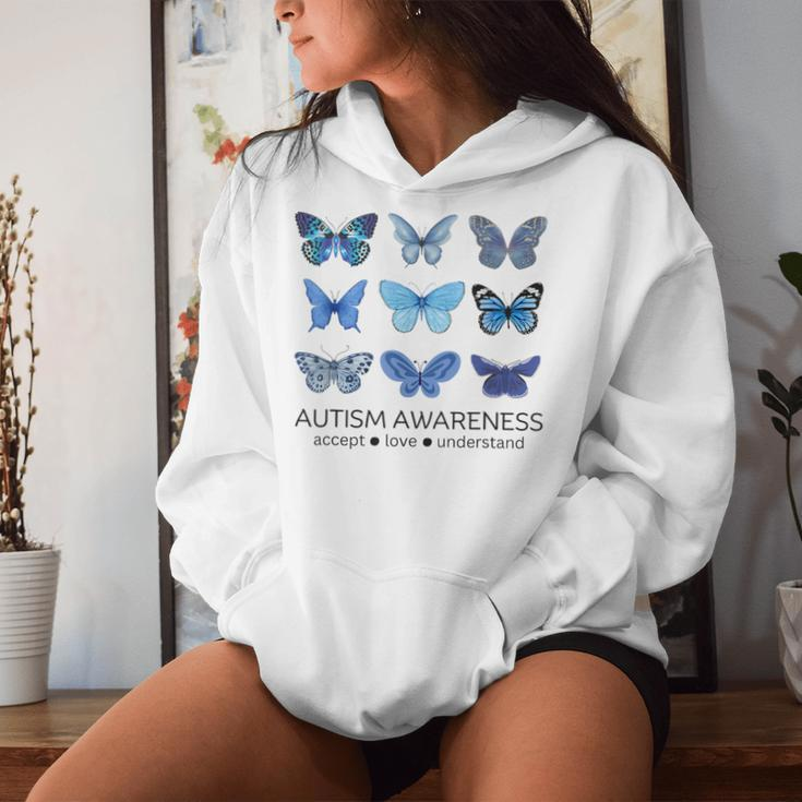 In April We Wear Blue Butterfly Autism Mental Health Women Hoodie Gifts for Her