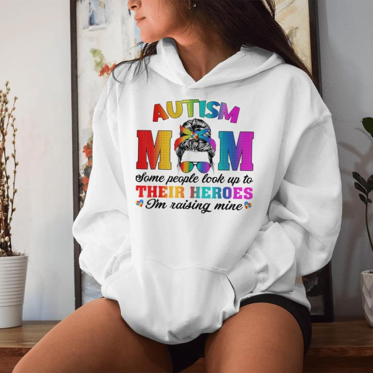 Autism Mom Raising Hero Groovy Messy Bun Autism Awareness Women Hoodie Gifts for Her