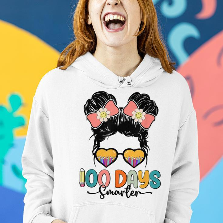 Cute 100Th Day Of School Girls Messy Bun 100 Days Smarter Women Hoodie Gifts for Her