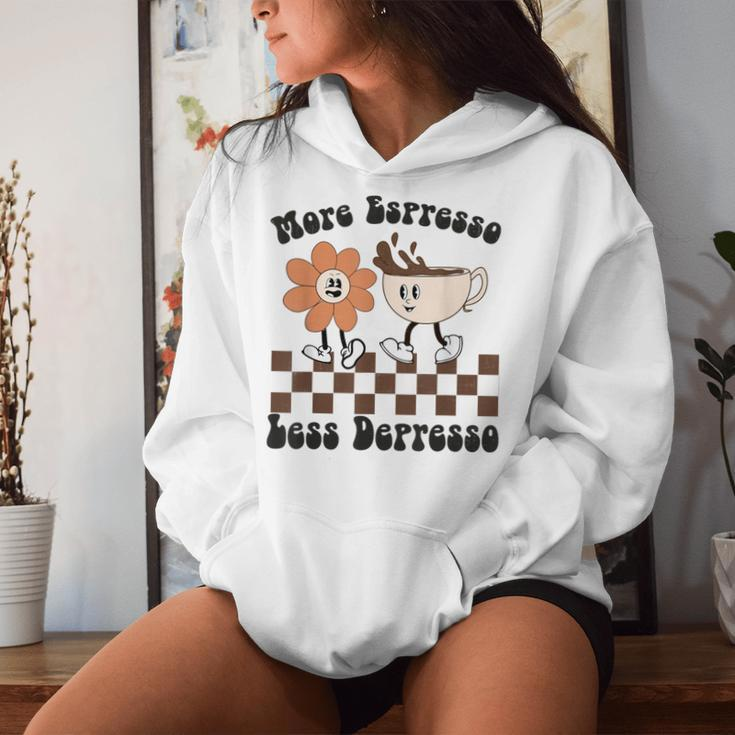 More Espresso Less Depresso Retro Groovy Flowers Coffee Cups Women Hoodie Gifts for Her
