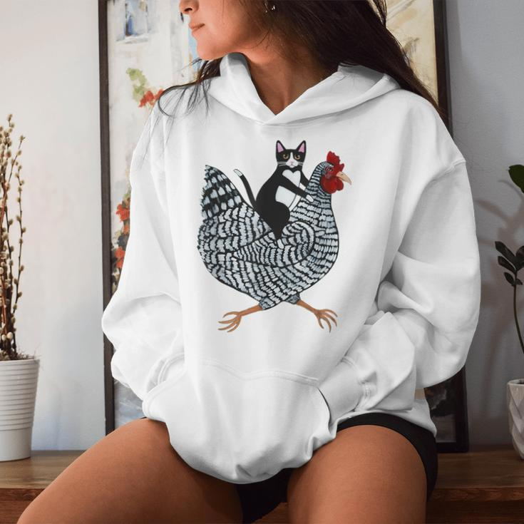 Cat Riding Chicken Tuxedo Cat On A Chicken Lover Women Hoodie Gifts for Her