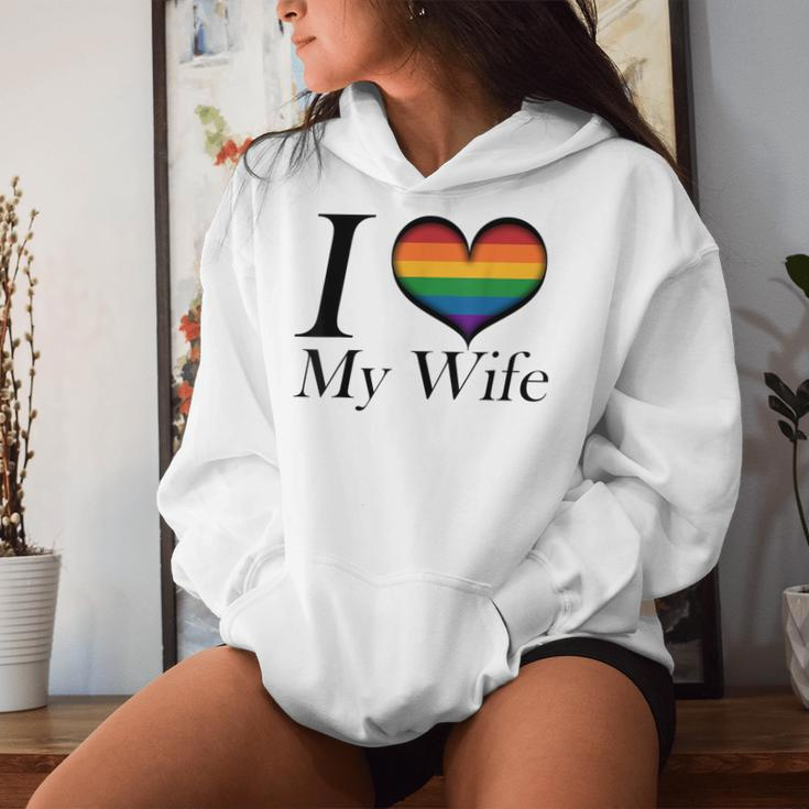 I Heart My Wife Lesbian Pride Typography With Rainbow Heart Women Hoodie Gifts for Her