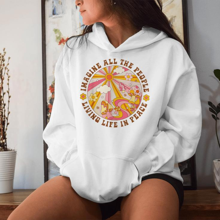 Hippie Imagine Living Life In Peace Sign Mushroom Retro 70S Women Hoodie Gifts for Her