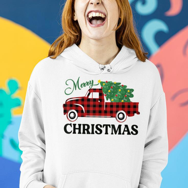 Merry Christmas White Buffalo Plaid Truck Tree Womens Women Hoodie Gifts for Her