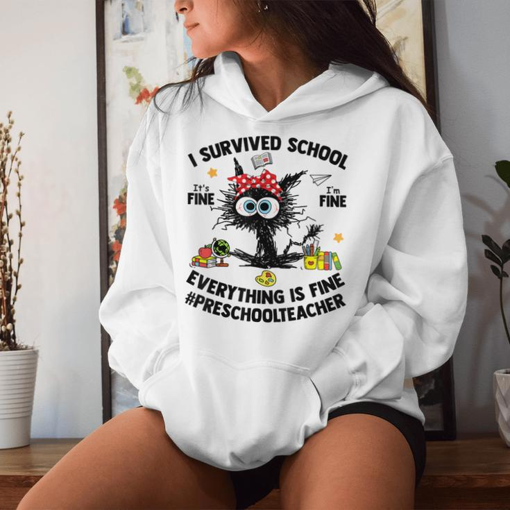 I Survived School Preschool Teacher Everything Is Fine Cat Women Hoodie Gifts for Her