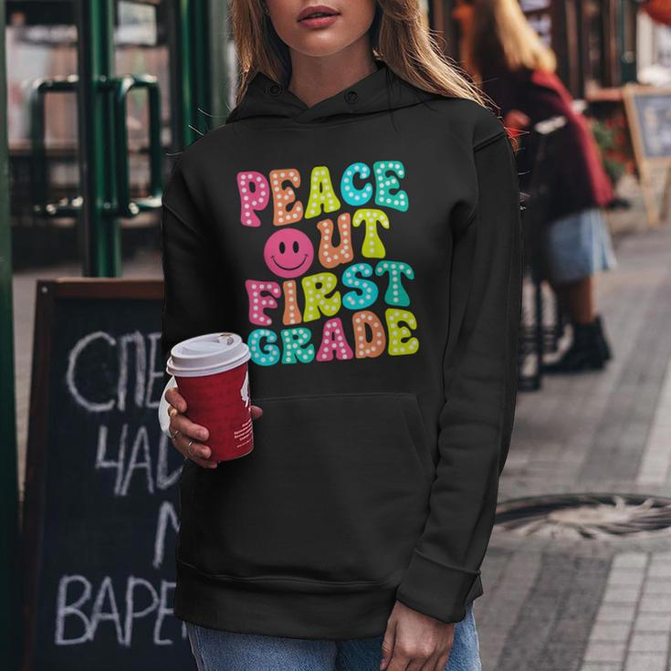 Peace Out First Grade Graduation Last Day Of School Groovy Women Hoodie Funny Gifts