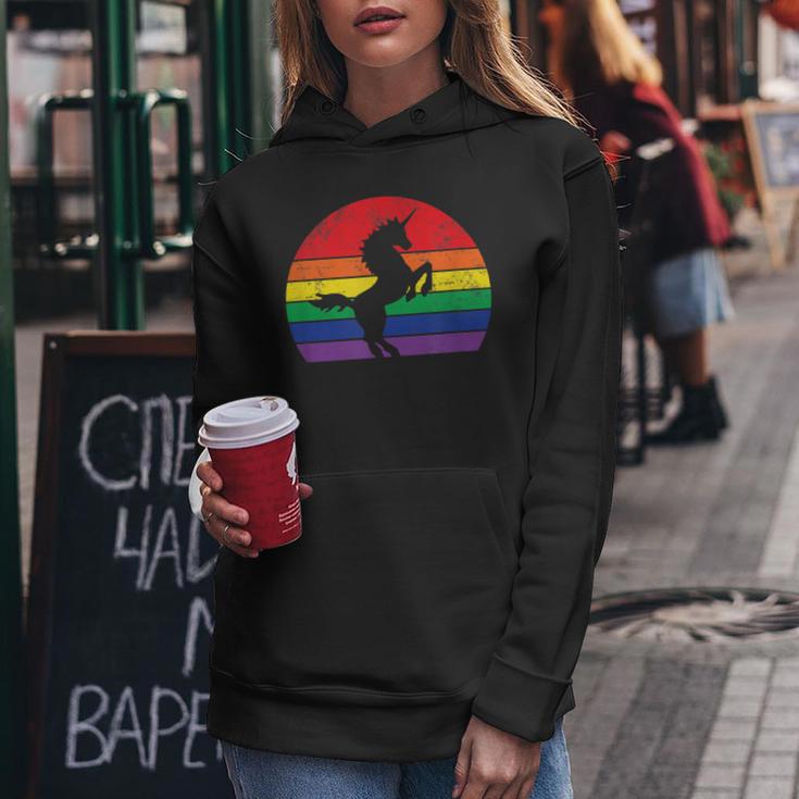 Rainbow Unicorn Striped Sunrise Distressed Relaxed Women Hoodie Unique Gifts