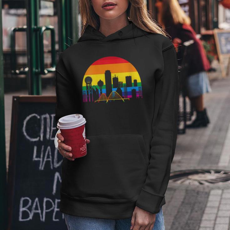 Retro Lgbt Rainbow Dallas Skyline Lesbian Gay Pride Women Hoodie Unique Gifts