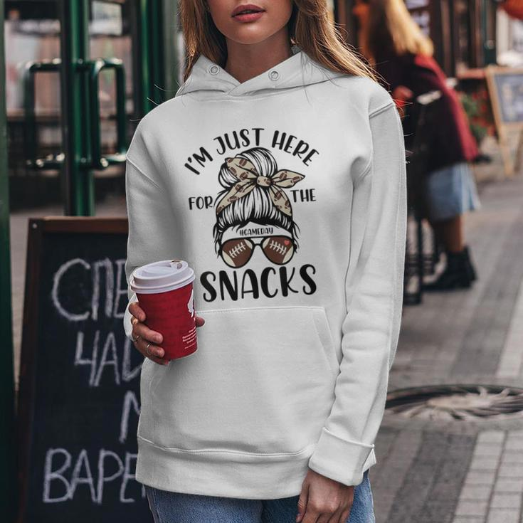 I'm Just Here For The Snacks Messy Bun Football Gameday Fans Women Hoodie Unique Gifts