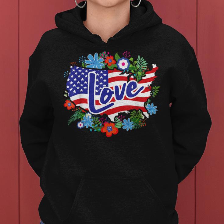 American PrideCute Red White Blue Flag And Flowers Women Hoodie