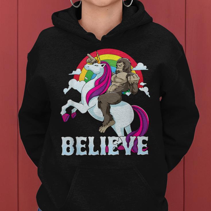 Bigfoot Riding Unicorn Rainbow Sasquatch Believe Women Hoodie