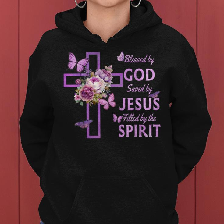 Blessed By God Saved By Jesus Purple Floral Cross Christian Women Hoodie