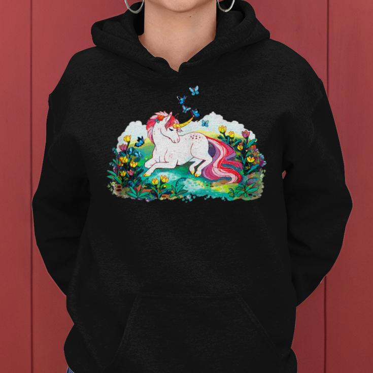 Colorful Unicorn Laying In A Flower Filled Field Women Hoodie