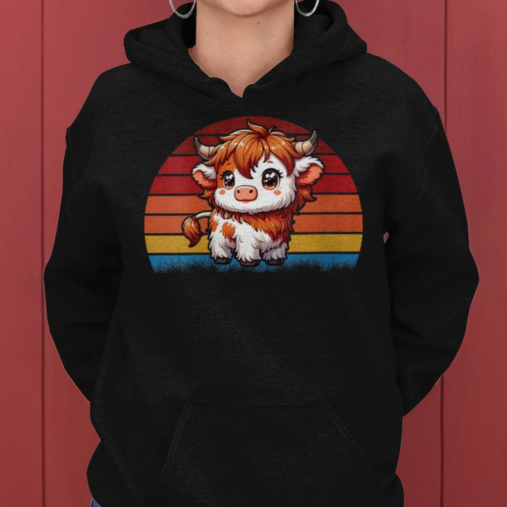 Cute Baby Highland Cow With Vintage Sunset Animal Cow Women Women Hoodie