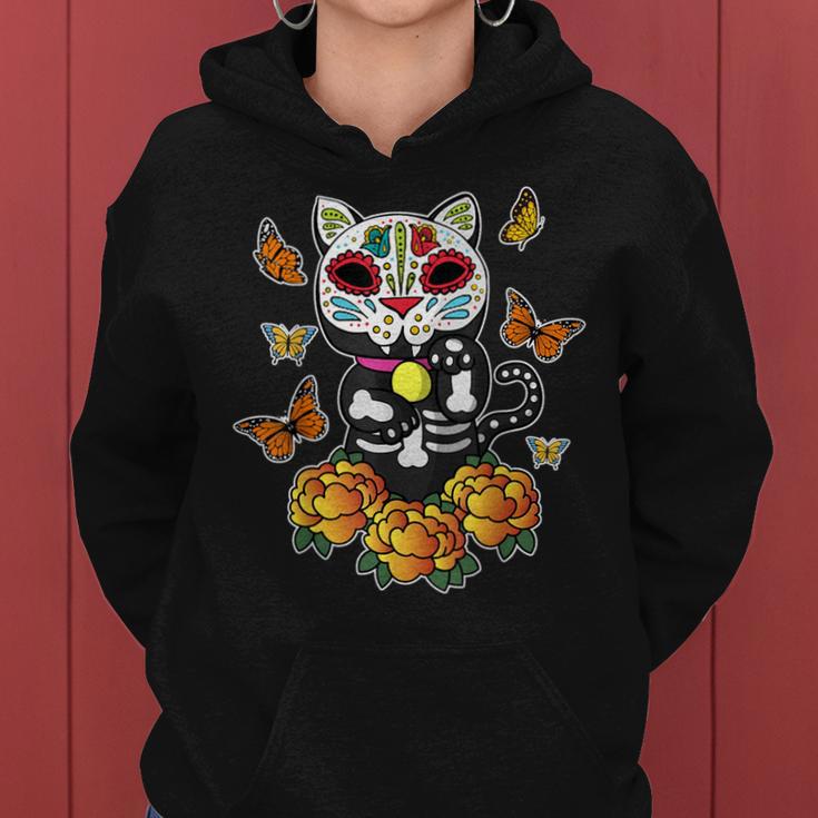 Dia De Los Muertos Monarch Butterfly Sugar Skull Cat Women Hoodie