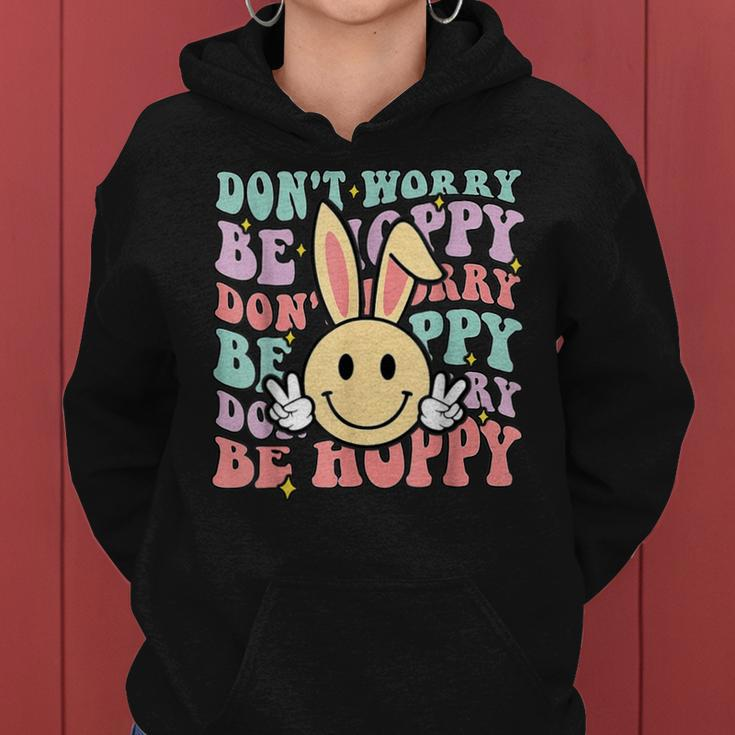Dont Worry Be Hoppy Bunny Smile Face Retro Groovy Easter Women Hoodie