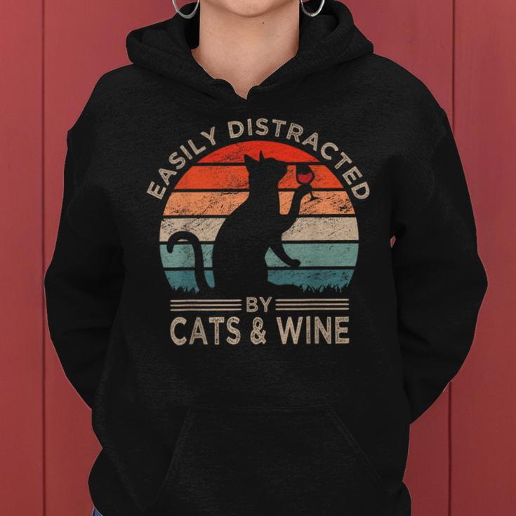 Easily Distracted By Cats & Wine Vintage Cats Wine Women Hoodie