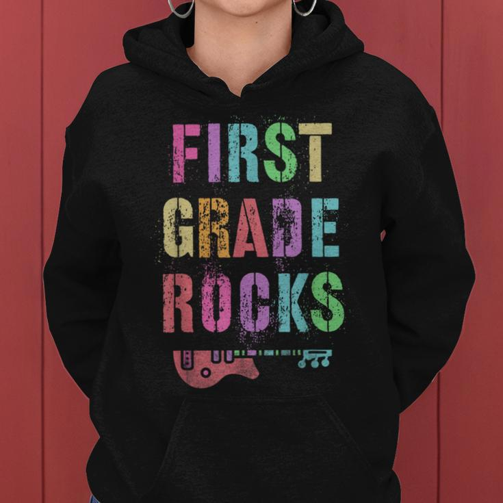 Hello 1St Grade Rocks Teacher Team First Gr Vibes Rockstar Women Hoodie