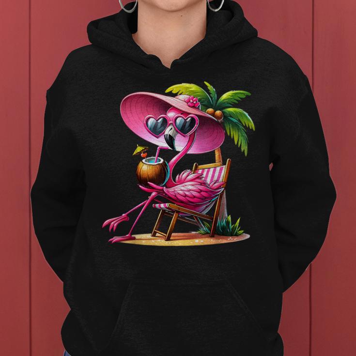 Pink Flamingo Summer Vibes Beach Palm Tree Summer Vacation Women Hoodie