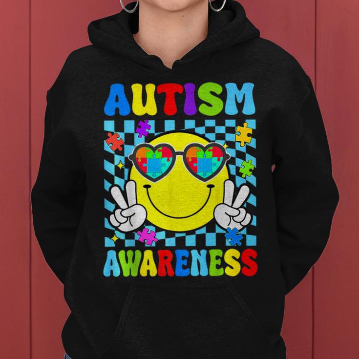 Retro Groovy Autism Awareness Hippie Smile Face Boy Girl Kid Women Hoodie