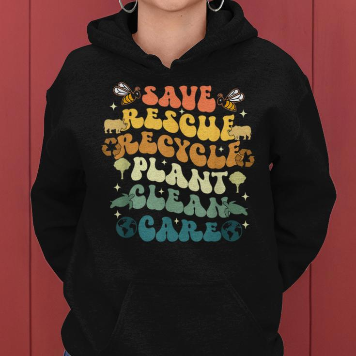 Retro Groovy Save Bees Rescue Animals Recycle Earth Day 2024 Women Hoodie