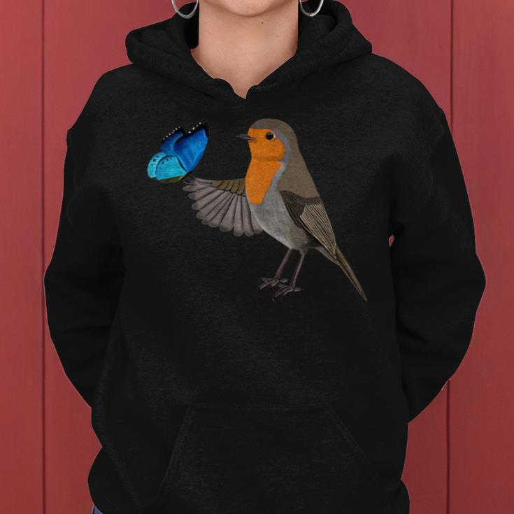 Robin With Blue Butterfly Bird Animal Biologist Women Hoodie