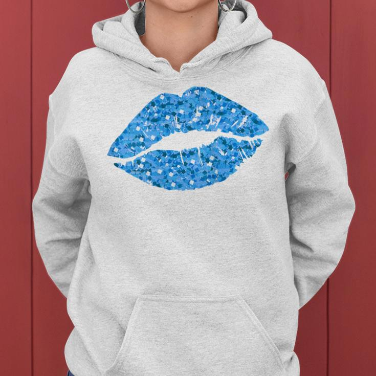 80S & 90S Kiss Mouth Lips Motif Vintage Blue Women Hoodie