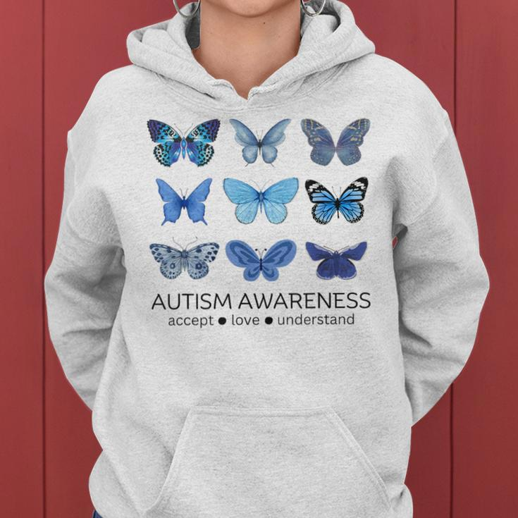 In April We Wear Blue Butterfly Autism Mental Health Women Hoodie