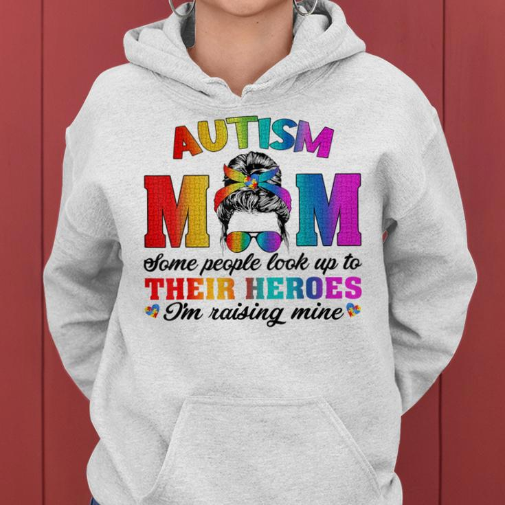 Autism Mom Raising Hero Groovy Messy Bun Autism Awareness Women Hoodie
