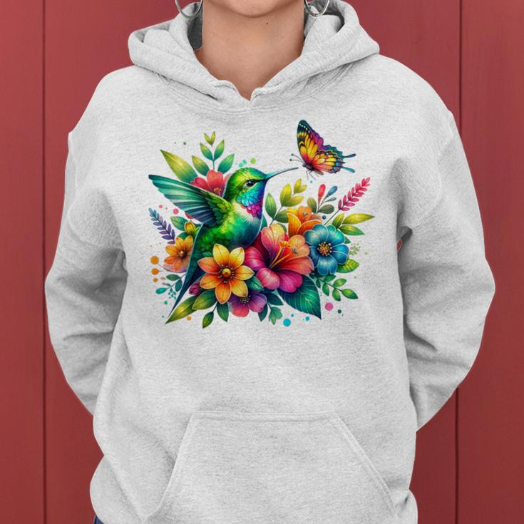 Floral Watercolor Hummingbird & Butterfly Women Hoodie
