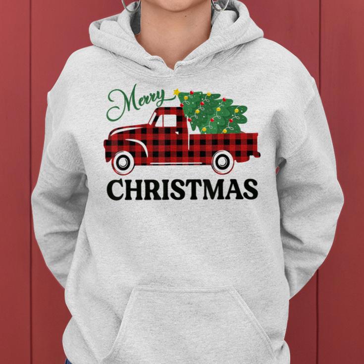 Merry Christmas White Buffalo Plaid Truck Tree Womens Women Hoodie