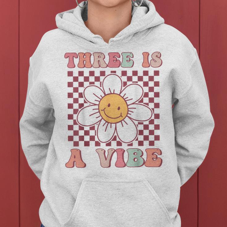 Three Is A Vibe Cute Groovy 3Rd Birthday Party Daisy Flower Women Hoodie