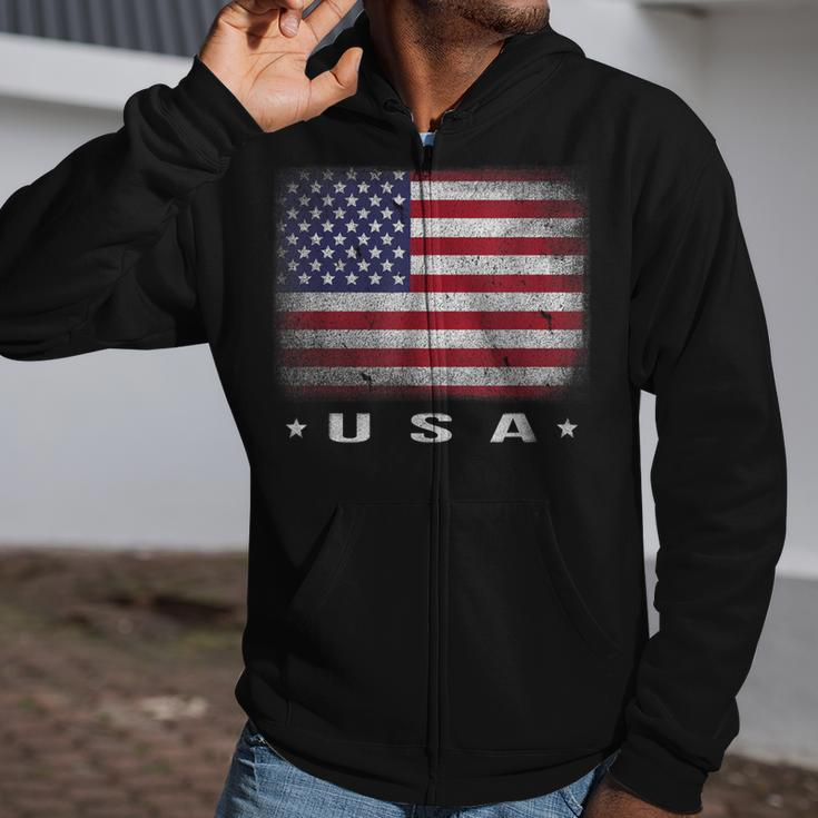 American Flag Usa July 4Th White Blue Red Faded Stripe Star Zip Up Hoodie