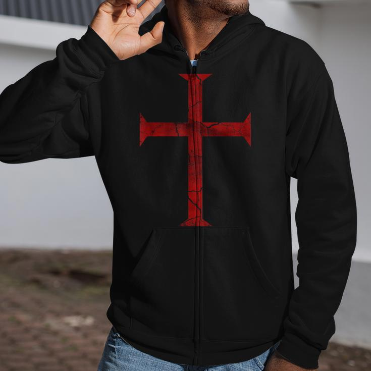 Distressed Deus Vult Knights Templar Cross Crusader Zip Up Hoodie