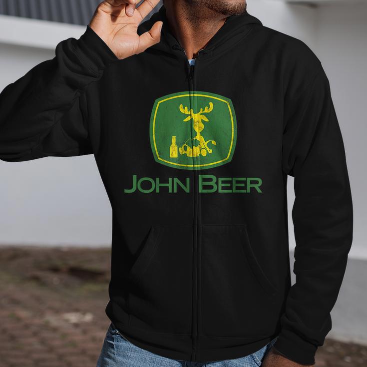 Distressed S Tractor John Beer Deer Farmer Tshirt Zip Up Hoodie