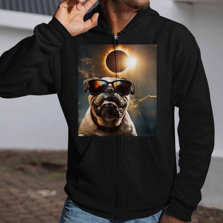 Dog Taking A Selfie With Solar 2024 Eclipse Wearing Glasses Zip Up Hoodie