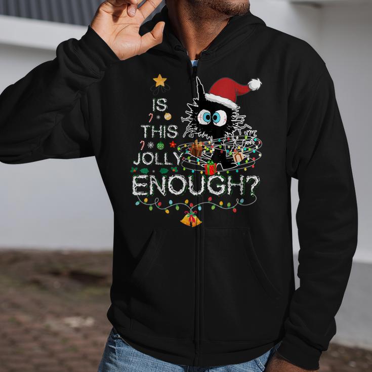 Black Cat Is This Jolly Enough Christmas Santa Xmas Zip Up Hoodie