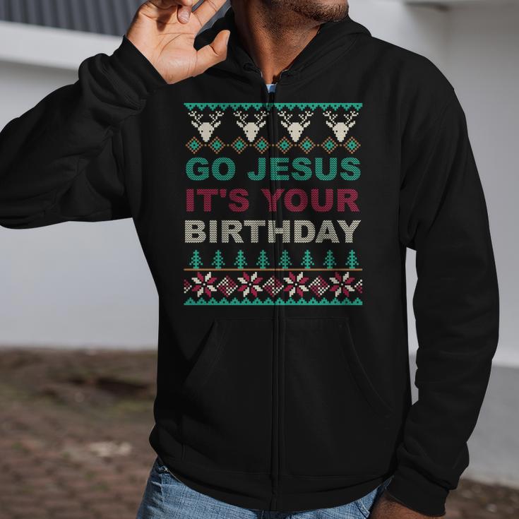 Go Jesus Its Your Birthday Ugly Christmas Sweater Zip Up Hoodie