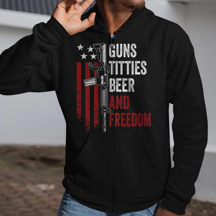 Guns Titties Beer & Freedom Guns Drinking On Back Zip Up Hoodie