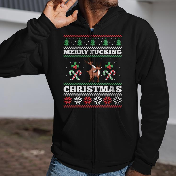Merry Fucking Christmas Adult Humor Offensive Ugly Sweater Zip Up Hoodie