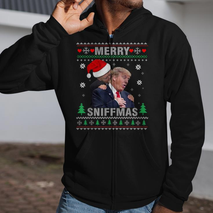 Merry Sniffmas Christmas Anti Biden Ugly Christmas Sweater Zip Up Hoodie