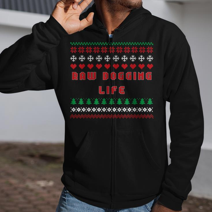 Raw Dogging Life Ugly Christmas Sweater Zip Up Hoodie