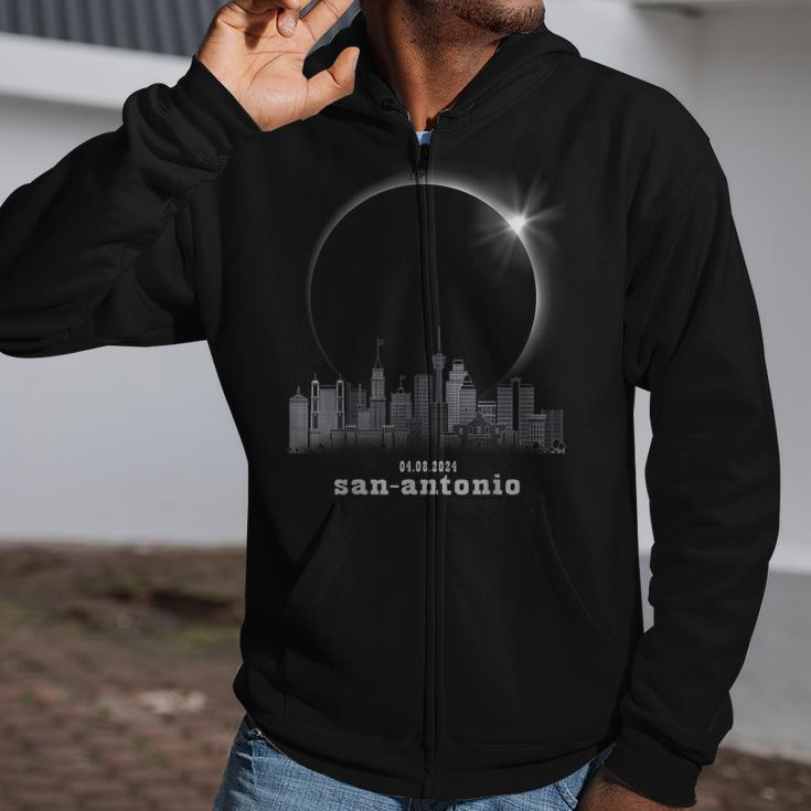 San Antonio Tx Skyline Silhouette Total Solar Eclipse 2024 Zip Up Hoodie