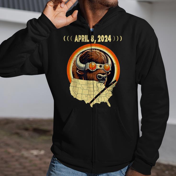 Solar Eclipse 2024 American Bison-Buffalo Solar Eclipse Zip Up Hoodie