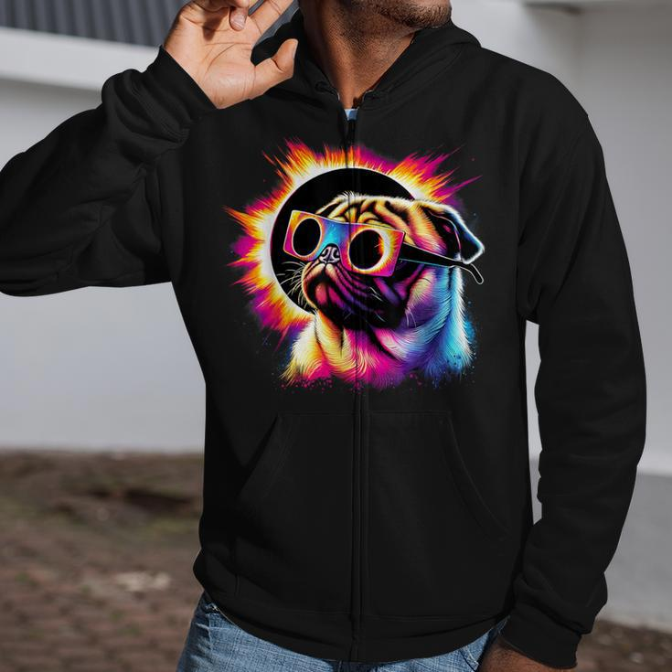 Total Solar Eclipse 2024 Pug Dog With Solar Eclipse Glasses Zip Up Hoodie